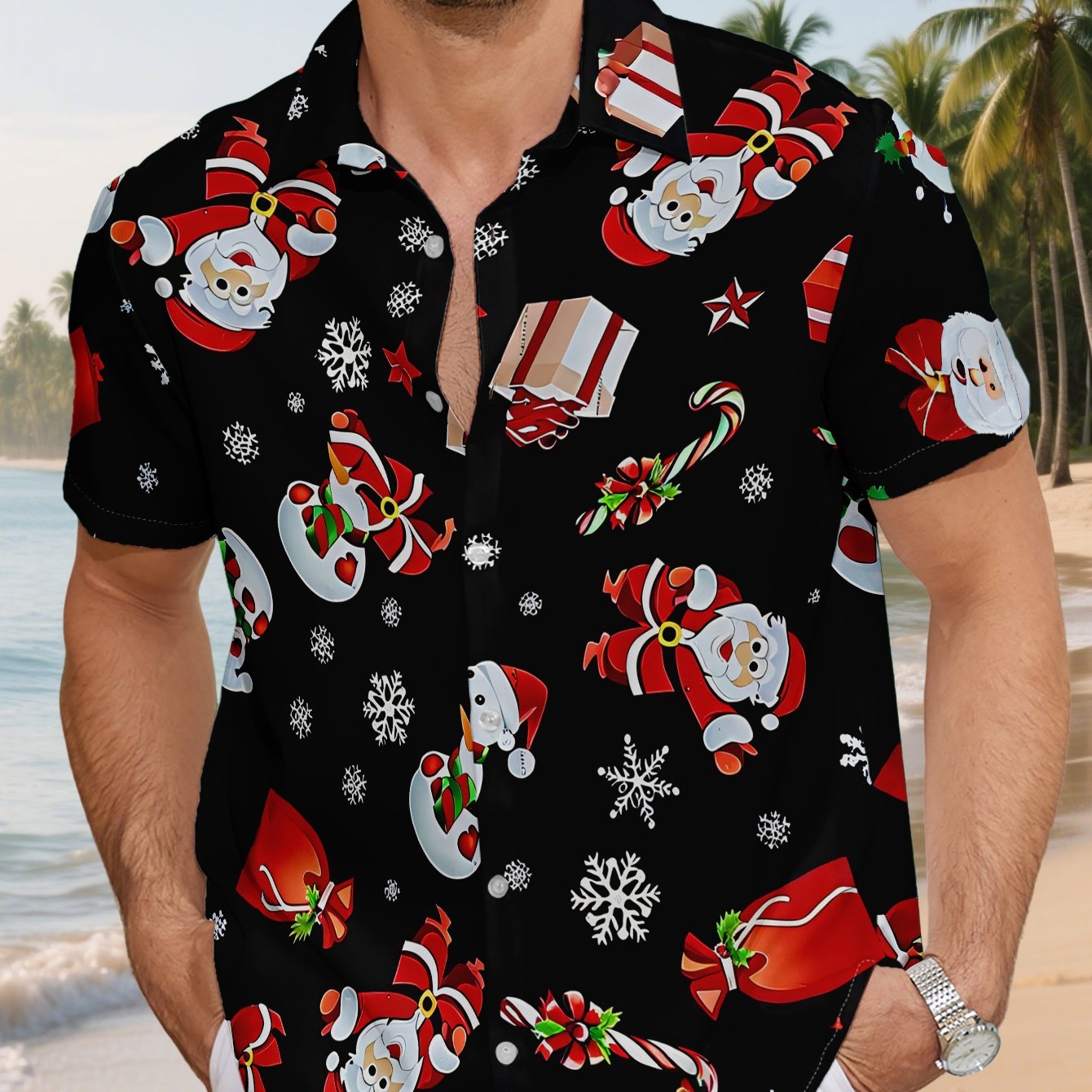 TEMU Men's Christmas Print Short-sleeve Shirt, Fashion Casual Polyester Top, Trendy Holiday Party Wear For Daily Casual And Travel Vacation