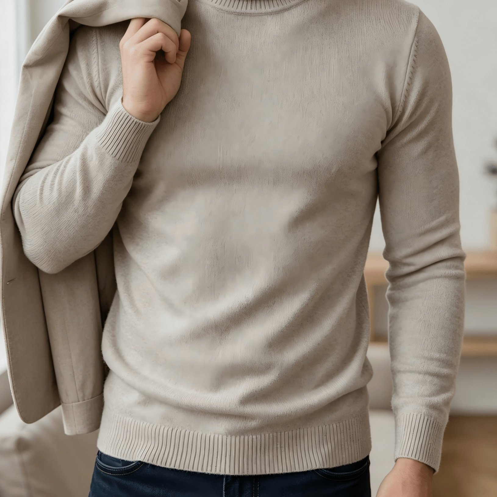 TEMU Early Autumn Solid Color Sweater - Minimalist Style, High Neck , Soft And Fitted Texture With Elastic Ribbed Cuffs And Hem For A At Wrist And