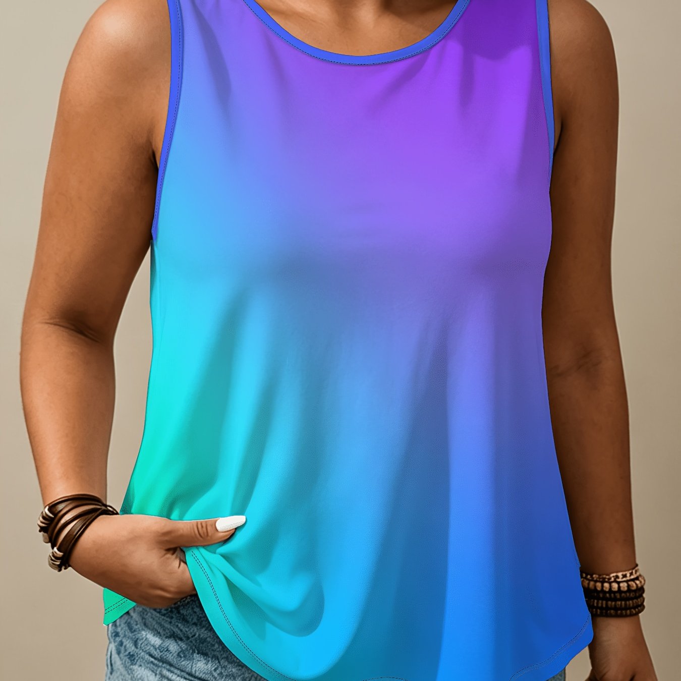 TEMU Women's Plus Size Ombre Print Sleeveless Tank Top - Loose Fit Round Neck -compatible Vest Suitable For Layering Or Wear, Ombre Gradient Shirts,
