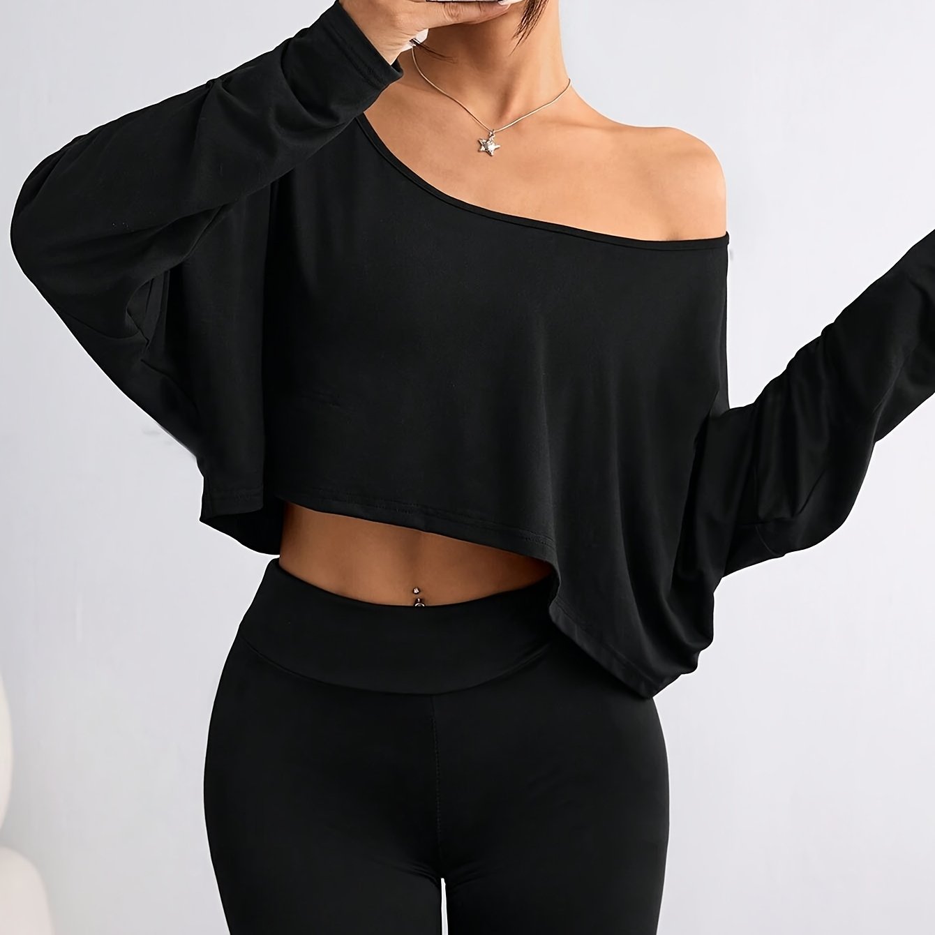 Image of Plus Size Solid Off-shoulder Loose Casual Long Sleeve, Spring Summer Off-the-shoulder Style Long Sleeve Top, Asymmetrical Neck Short T-shirt