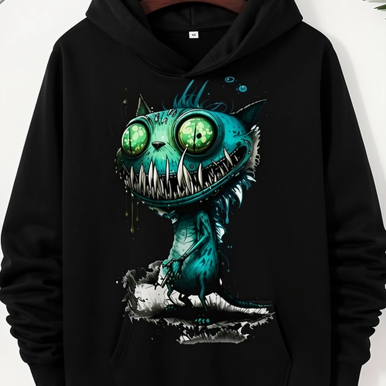 Image of Creepy With Giant Graphic Hoodie, Unisex Hooded Sweatshirt, Long Sleeve Pullover With Kangaroo Pocket, Black Casual Streetwear Top, Halloween Costume Party Outfit, Fall Winter Daily Wear