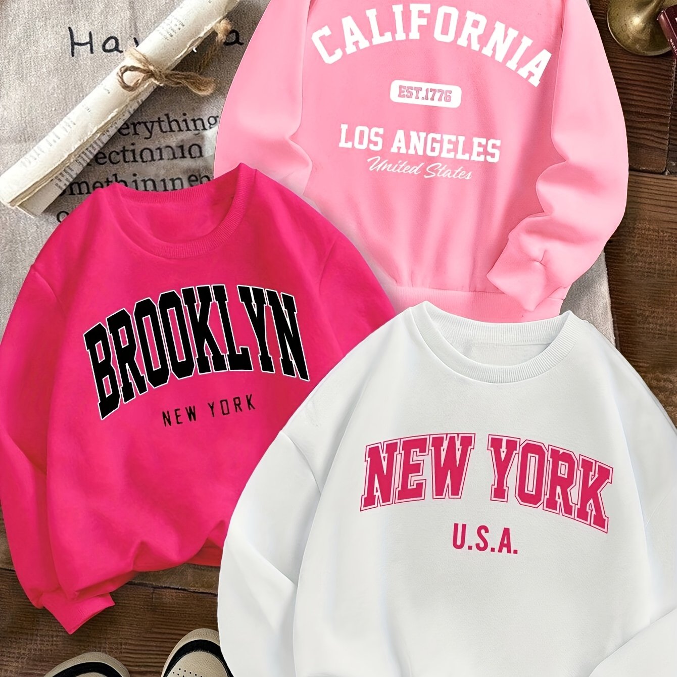 TEMU 3pcs Tween Casual Minimalist Fleece Loose Fit Long Sleeve Crew Neck Thick Sweatshirts, Suitable For Autumn & Winter