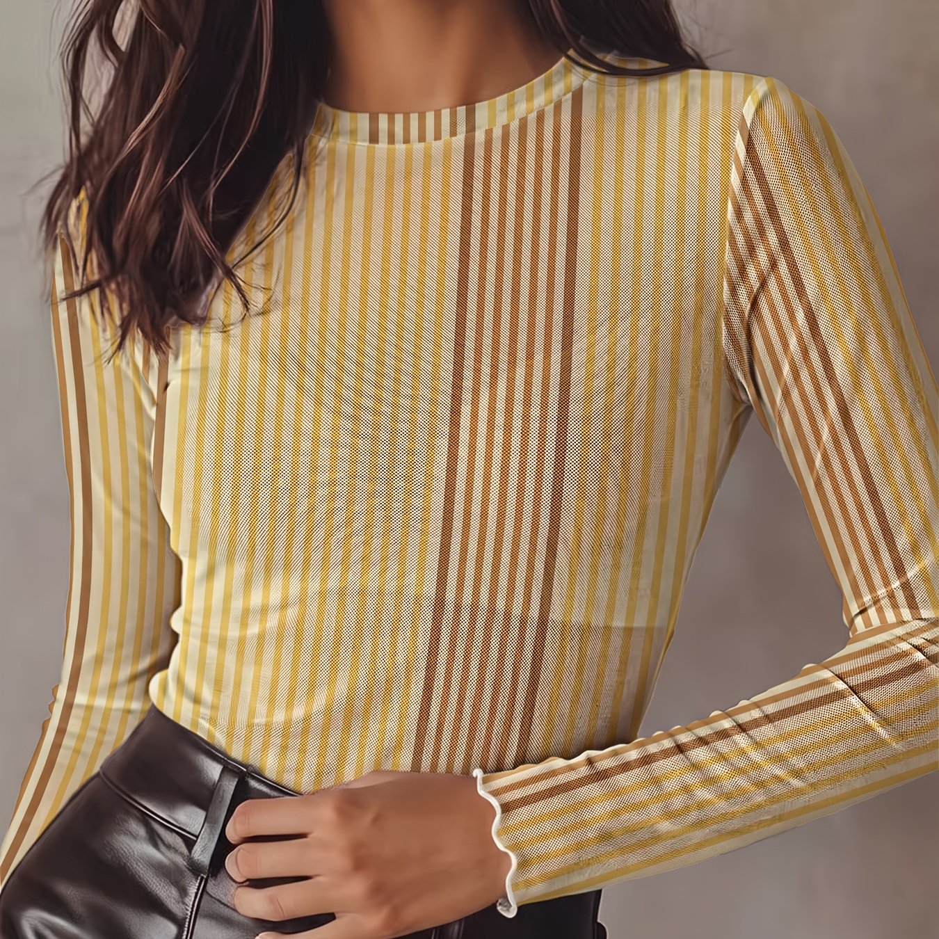 TEMU Women's Mesh Sexy Sheer Top, Vertical Stripe Pattern, Smooth Breathable Comfortable Skin-friendly Stretch Fabric, Elegant Fashionable Inner Wear