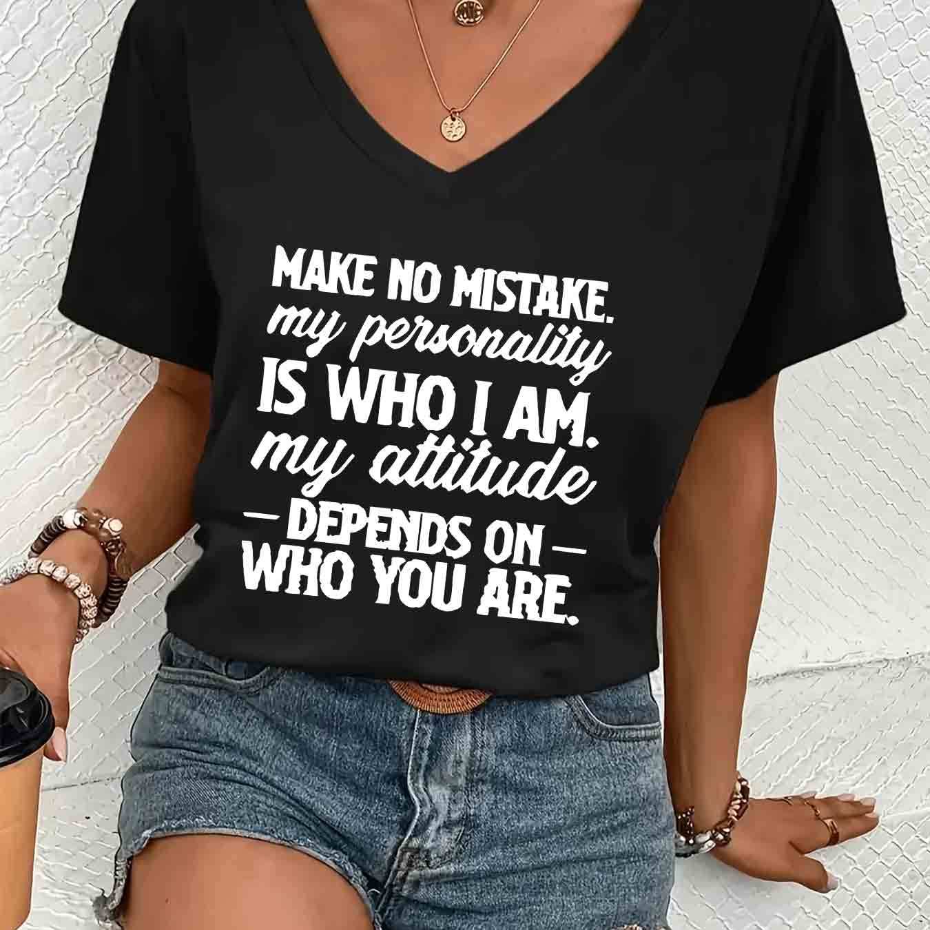 TEMU 1pc Fashion Women's V-neck Short Sleeve T-shirt, Polyester, Series, , Simple And Trendy With Humorous Graphic Print