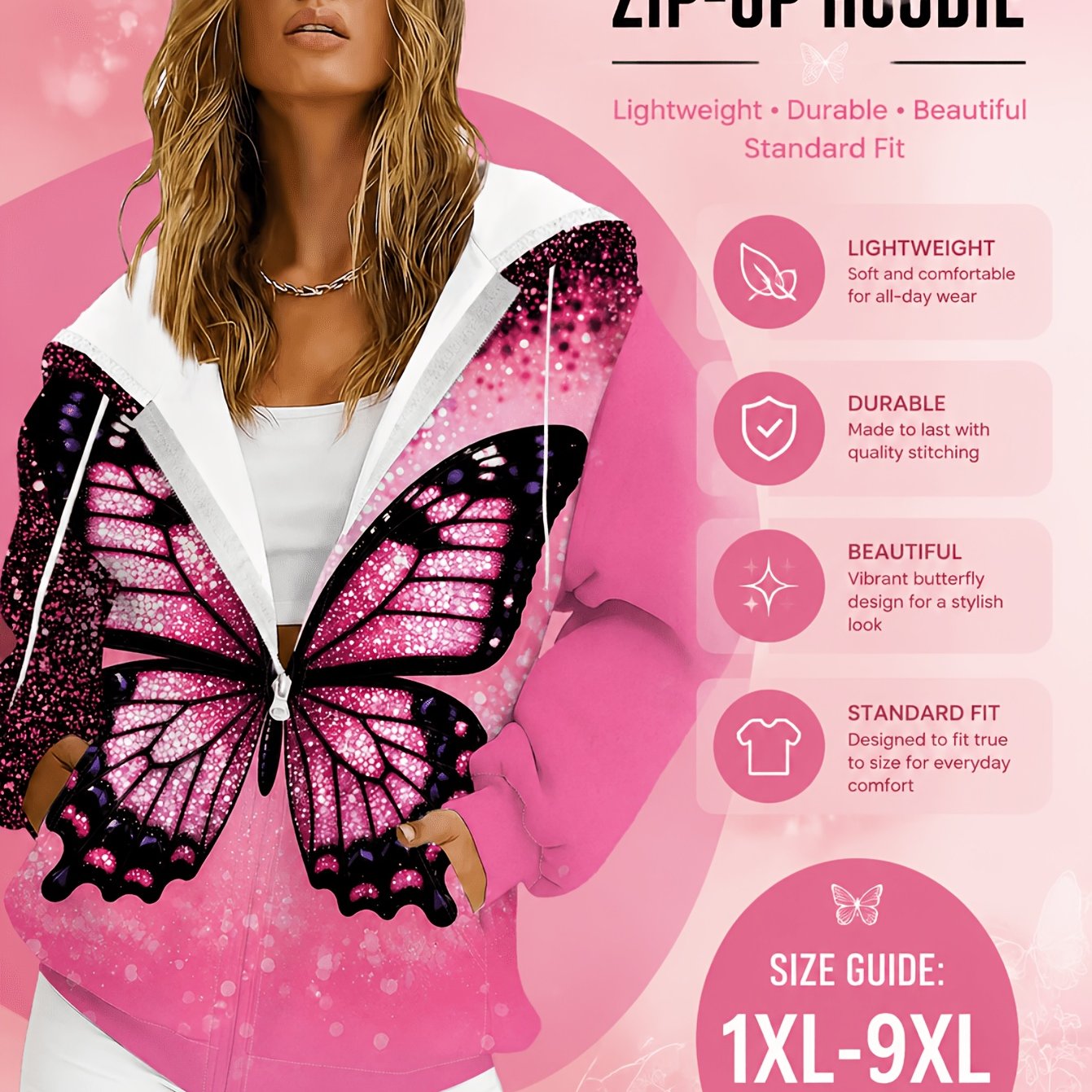 TEMU Plus Size Women's Rose Red Print Zip-up Hoodie, Loose Casual Cardigan Jacket, Perfect For Daily , Outdoor Activities And Street Style Women's