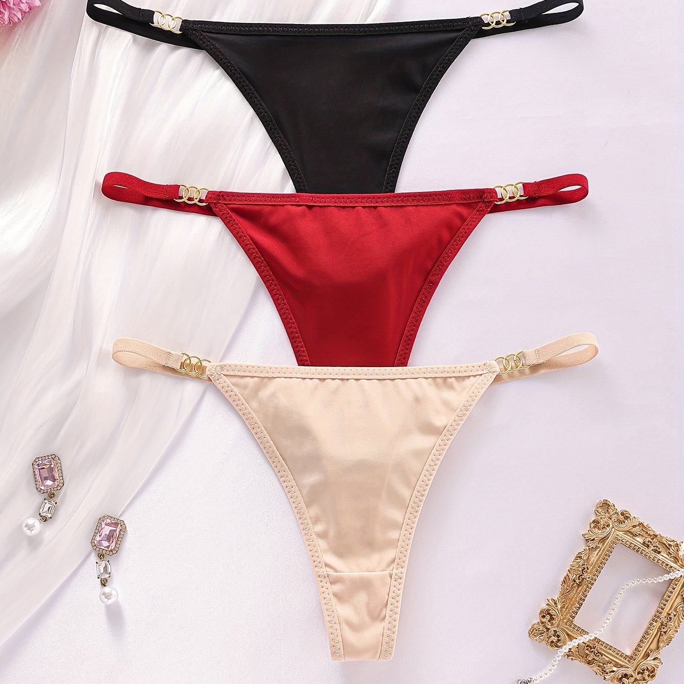 TEMU Set Of 3 - Women' Color Seamless Thong Underwear, Versatile T-back Panties - Pml01 In Black, Light Beige, And Burgundy