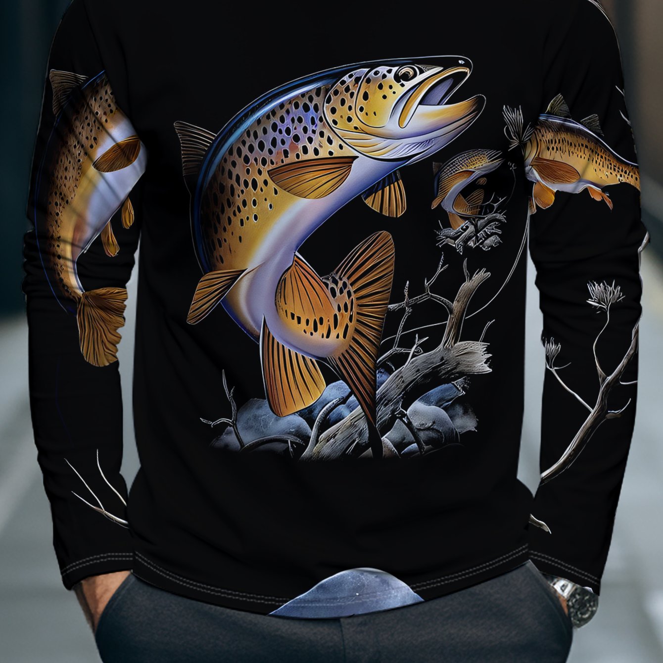 TEMU Men's Long Sleeve T-shirt With Fly Fishing Brown Trout Print, Outdoor Fishing Enthusiast , Comfortable Breathable Casual Fishing Theme Fashion