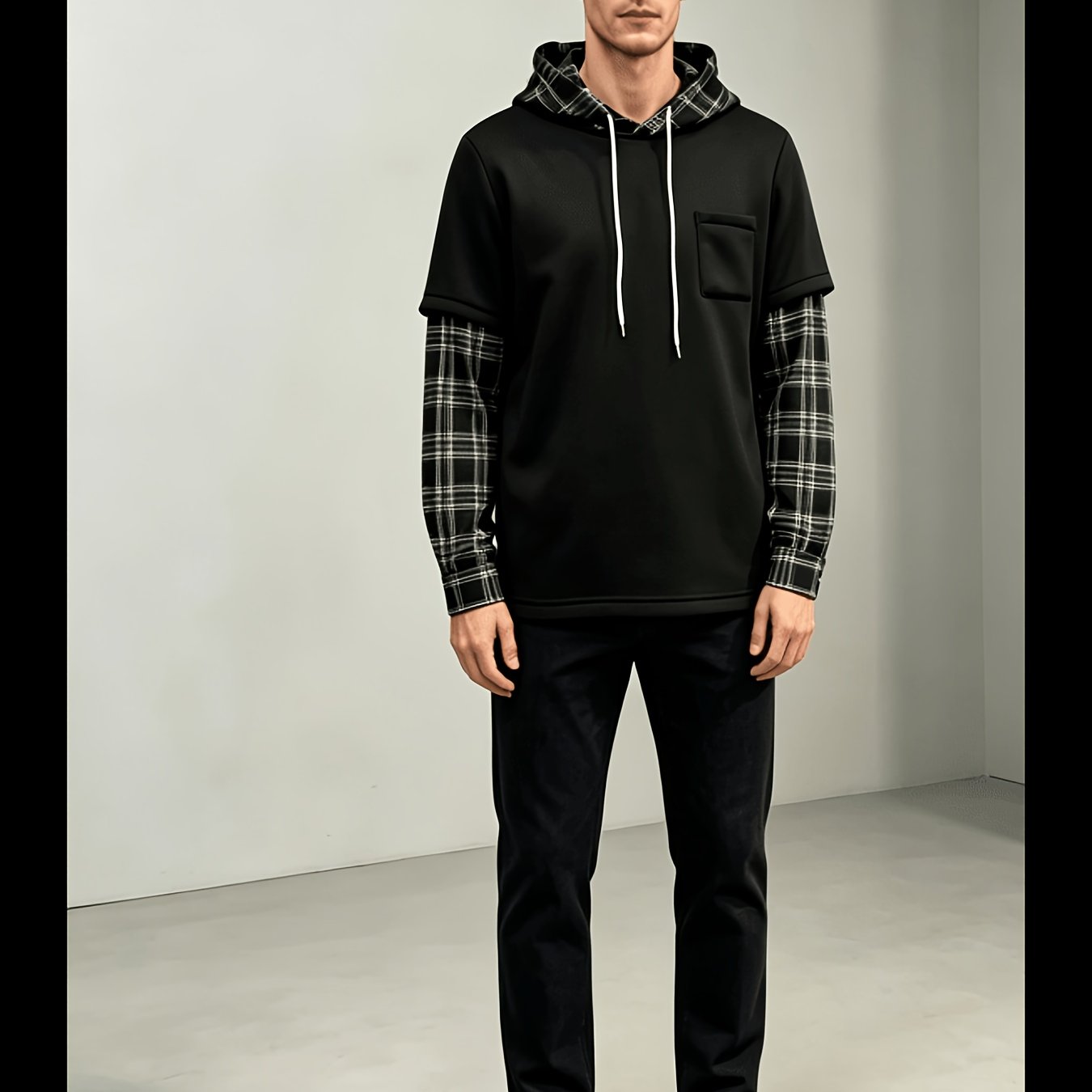 TEMU Trendy Men's Lined Plaid Fabric Sweatshirt With Stylish Hood, Suitable For Autumn And Winter, Short Sleeves, Pocket, Drawstring, Casual