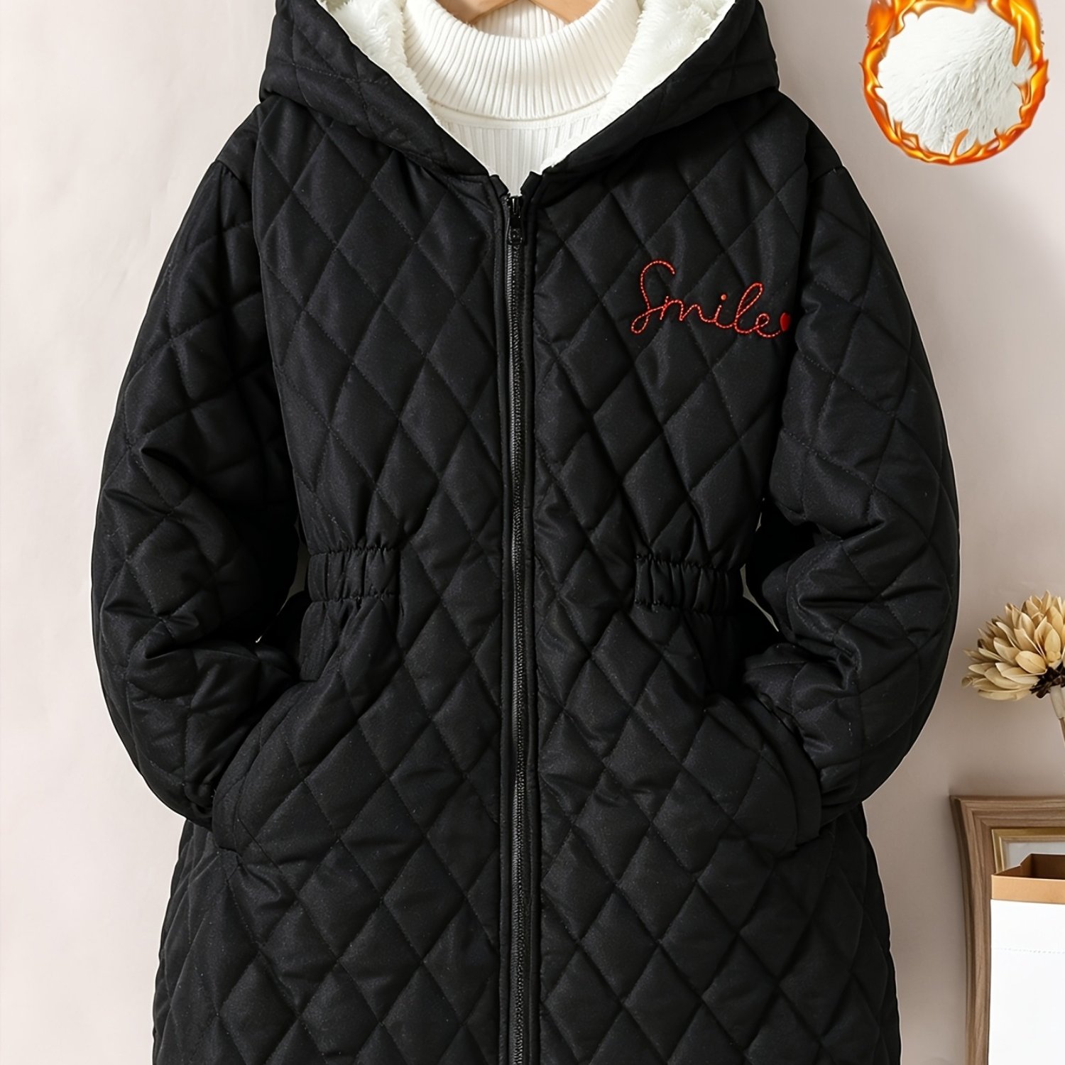 Image of Girls' -lined Hooded Coat, Mid-length Waist Cinched Diamond Quilted Lamb Fleece Jacket, Thick Warm Winter Kids Outfit With Smile Embroidery, For School, Daily , Outdoor Activities, Autumn Essentials