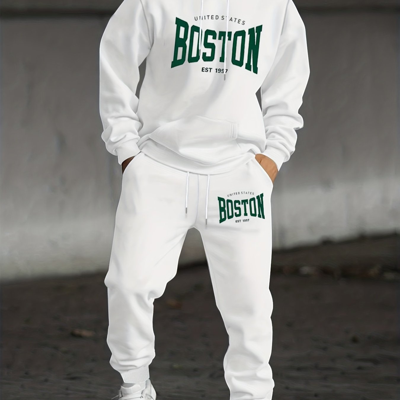 TEMU Men's Casual 2pcs Set: Boston Print Drawstring Pocket Hoodie And Drawstring Outdoor Casual Sports Long Pants, 2pcs Set