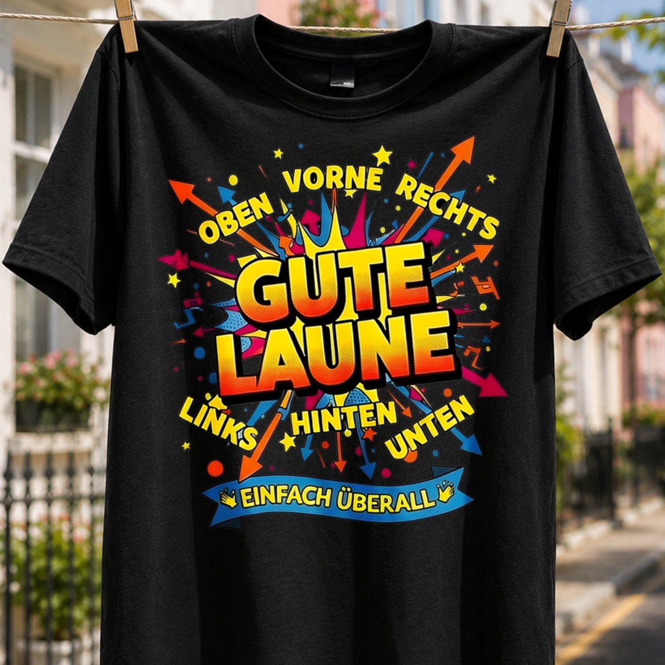 Image of T-shirt, German Slogan Graphic With Colorful Arrows, Comic Style And Everywhere Text, Plus Size