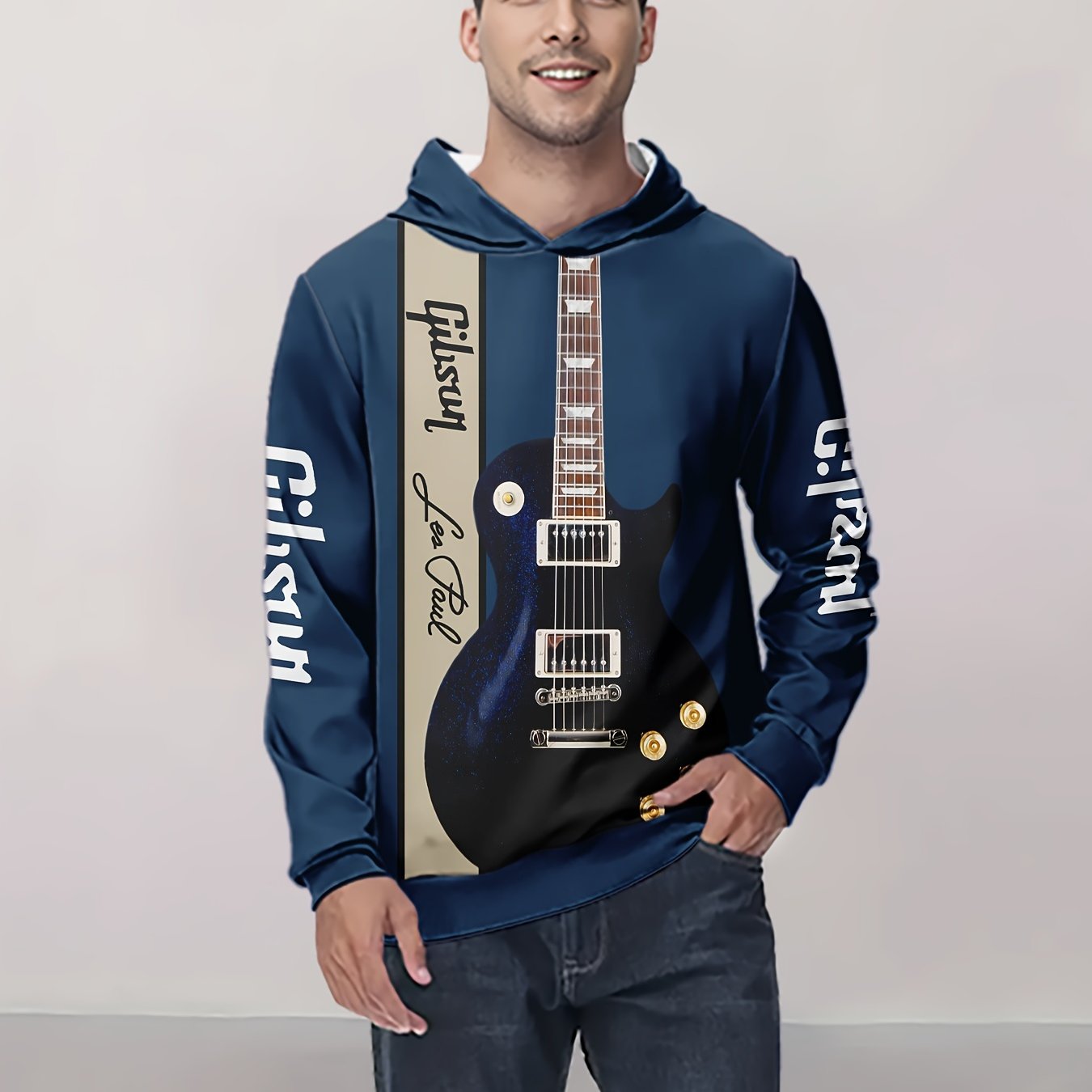 TEMU Men's Casual Pullover Hoodie With Random Print Guitar Pattern, 3d Printing, Breathable Polyester Fabric For Outdoor And Sports