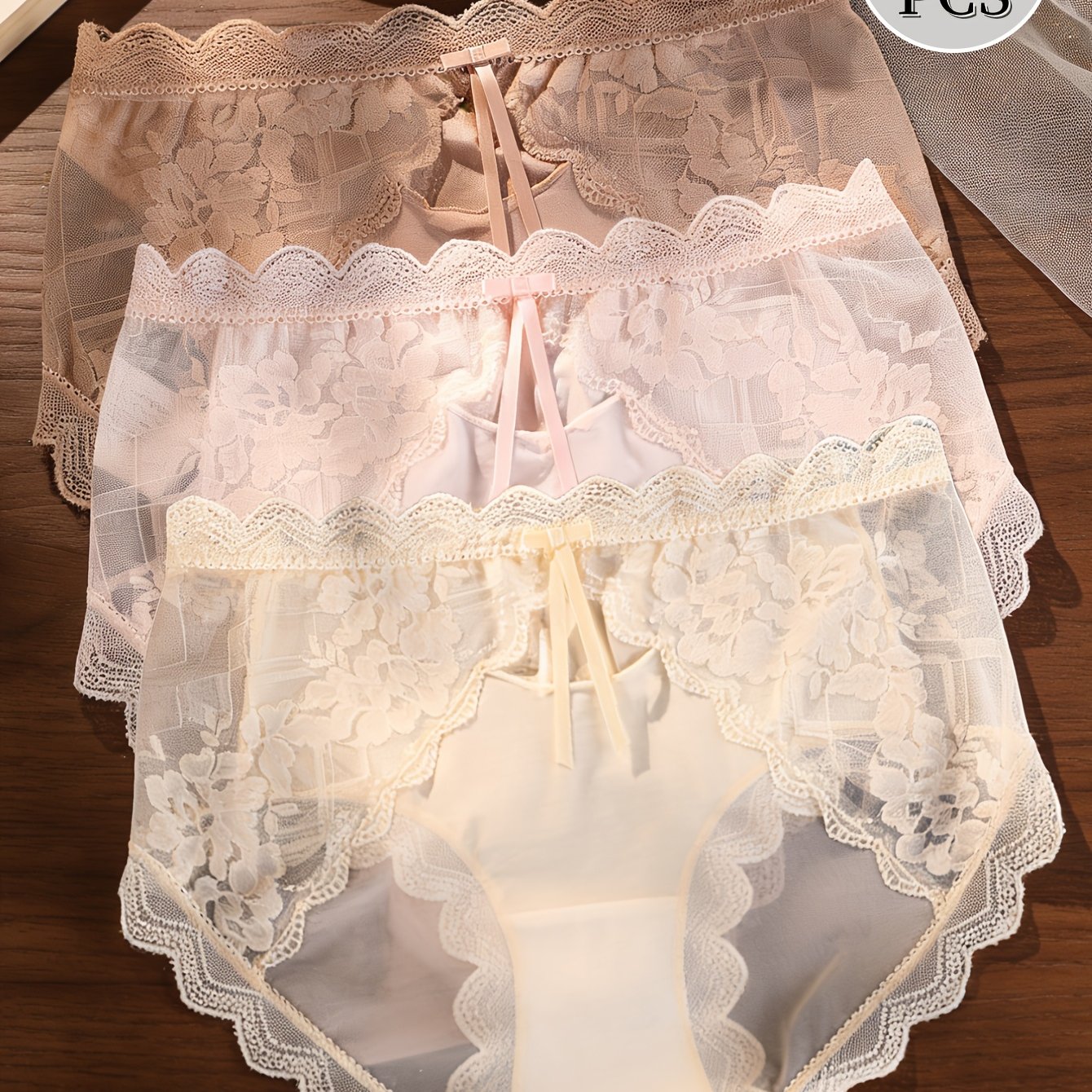 E-shop 3er-Pack Damenunterhosen im Spitzen-Patchwork-Stil im französischen Stil „Pure Desire“, elegante, bequeme, atmungsaktive leichte Unterwäsche,