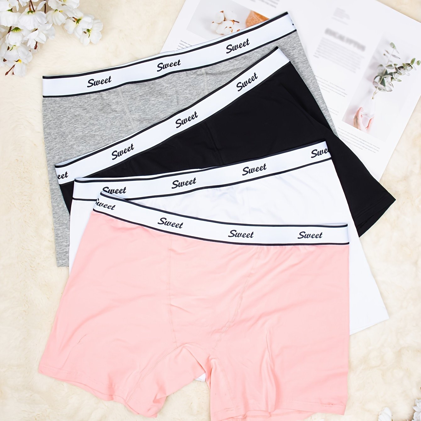 Image of 4pcs Women's Plus Size Panties Waistband Sweet Print Design Comfortable Breathable Soft Boxer Briefs Solid Color Easy Trendy Fashion Underwear