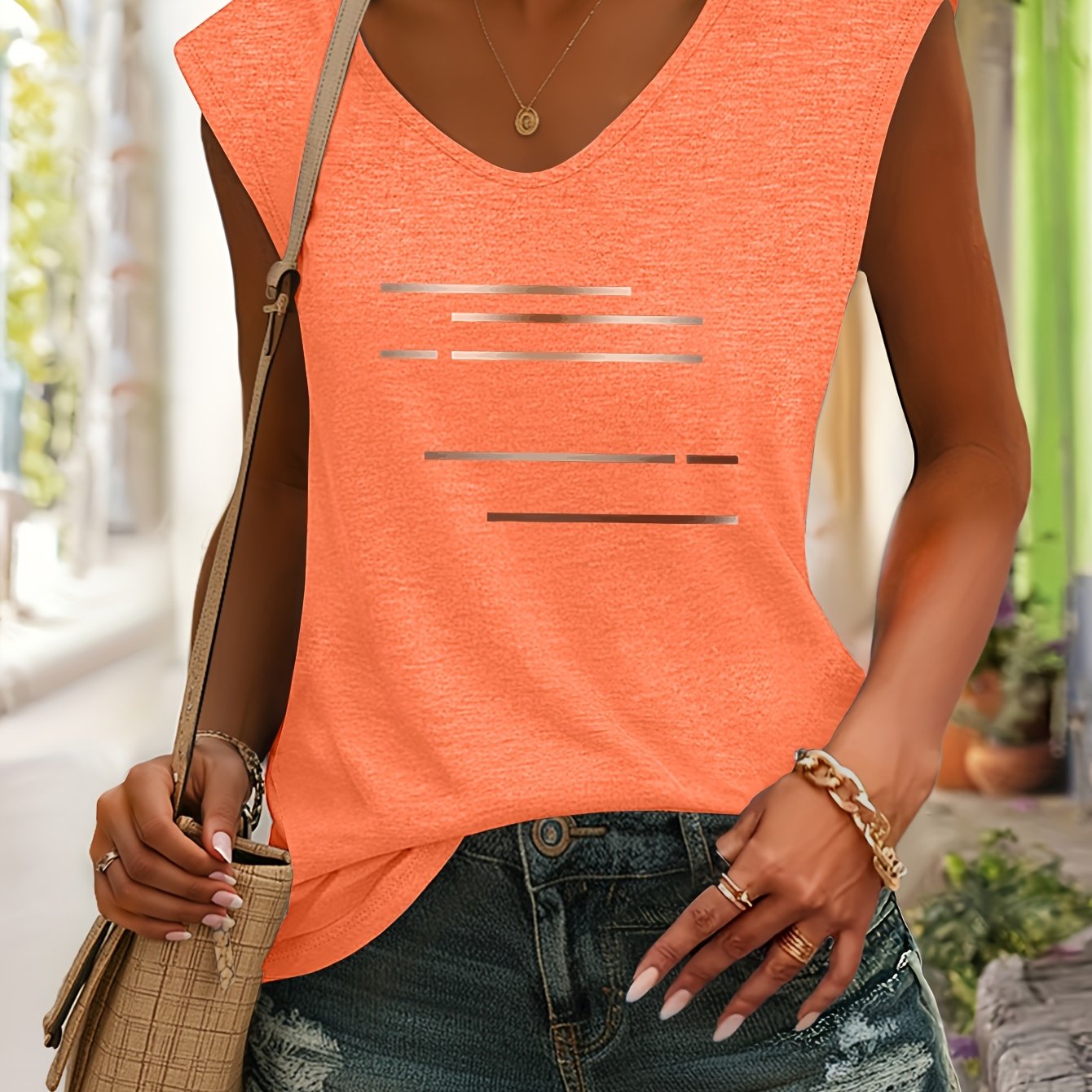 TEMU Relaxed And Sophisticated Minimalist Aesthetic, Horizontal Champagne Pattern Printed V-neck Sleeveless T-shirt, Comfortable And Fabric, Worn