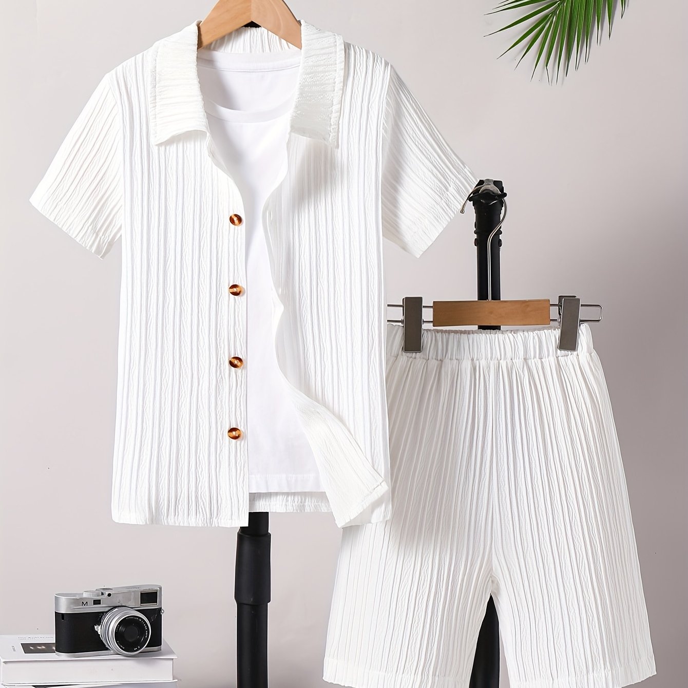 Image of Wave Stripe Shirt And Shorts Set, For Outdoor