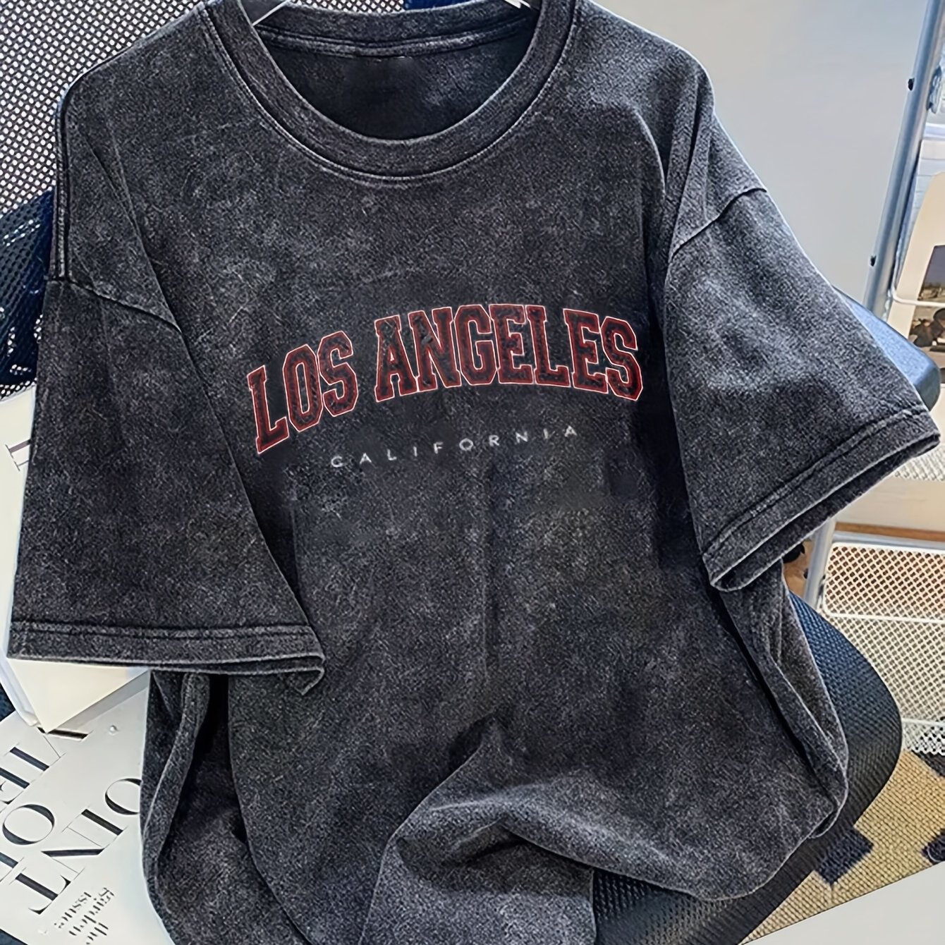 Image of Los Angeles California Letter Print Summer Men's Trendy Drop-shoulder Sleeve High-quality Thickened Heavyweight Oversized Premium Distressed Washed Pure Cotton Crew Neck T-shirt