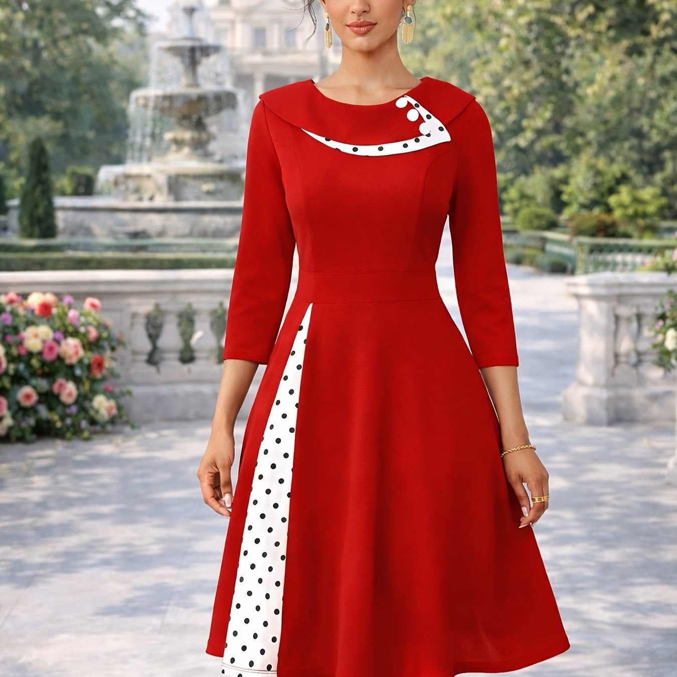 E-shop Vintage Punkt-Patchwork-Kleid mit Rundhalsausschnitt, mittellangen Ärmeln geraffter Taille. Mit weißen Knöpfen auf der Brust einem eleganten