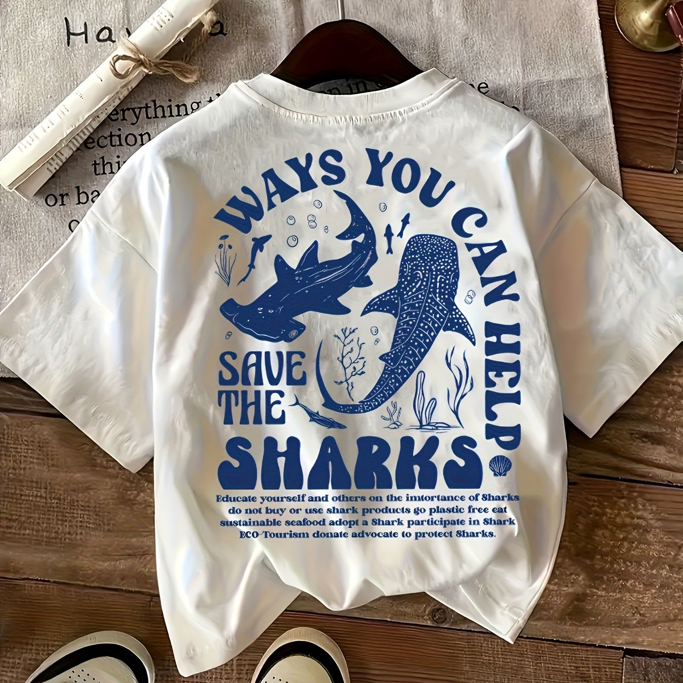 Women's Casual And Comfortable Short-sleeve T-shirt With A Round Neck Featuring A Letter Shark Print
