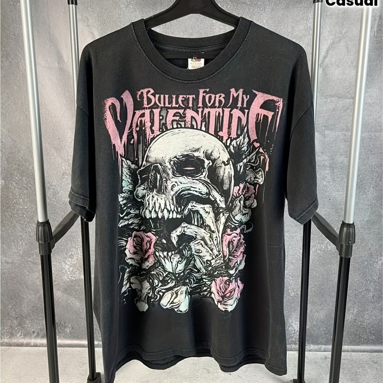 Image of Metal T-shirt Gothic Skull Roses With For Band Loose Neck Stretch Fabric Edgy Rock Concerts Casual Attire, Plus Size