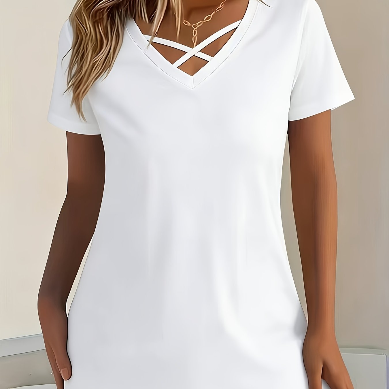 TEMU Women's Fashion V-neck T-shirt, Made Of Soft, Stretchy, And Comfortable Fabric, Machine Washable, A Casual And Versatile Solid-color Top