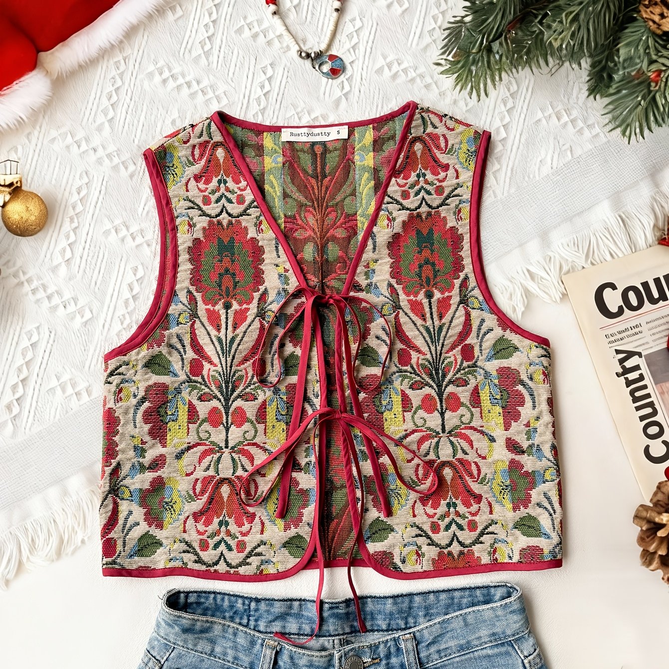E-shop Boho-Weste mit Bestickung Bindegürtel, Vintage Ethno-Jacquard-Weste