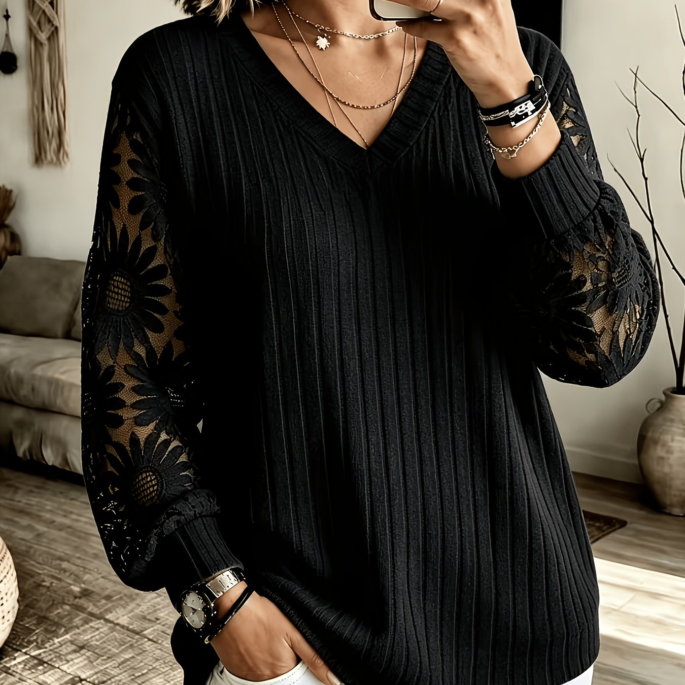 TEMU Grande Taille - Sweat-shirt d'automne-hiver Grande Taille à Manches Longues avec Col en V et Patchwork en Dentelle, - Haut à Bande Latérale