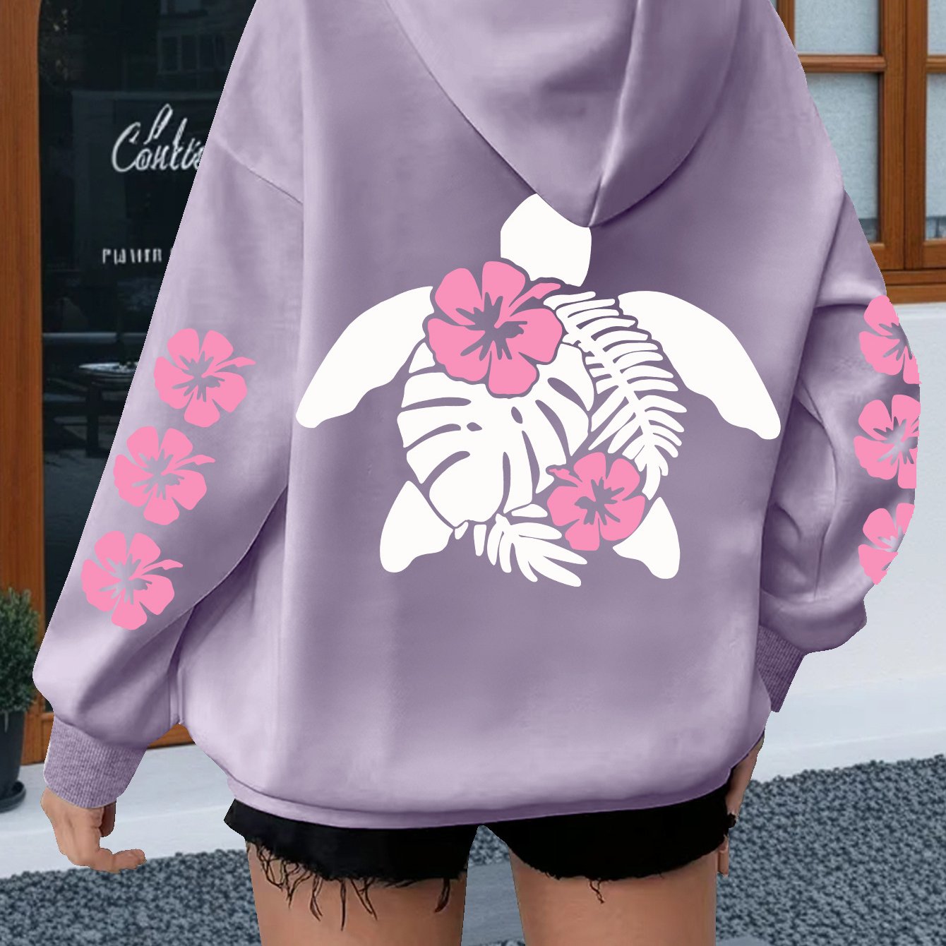 TEMU Plus Size - Plus Size - Plus Size Turtle Flower Graphic Hoodie, Casual Drawstring Long Sleeve Sweatshirt With Kangaroo Pocket, Women's Plus Size