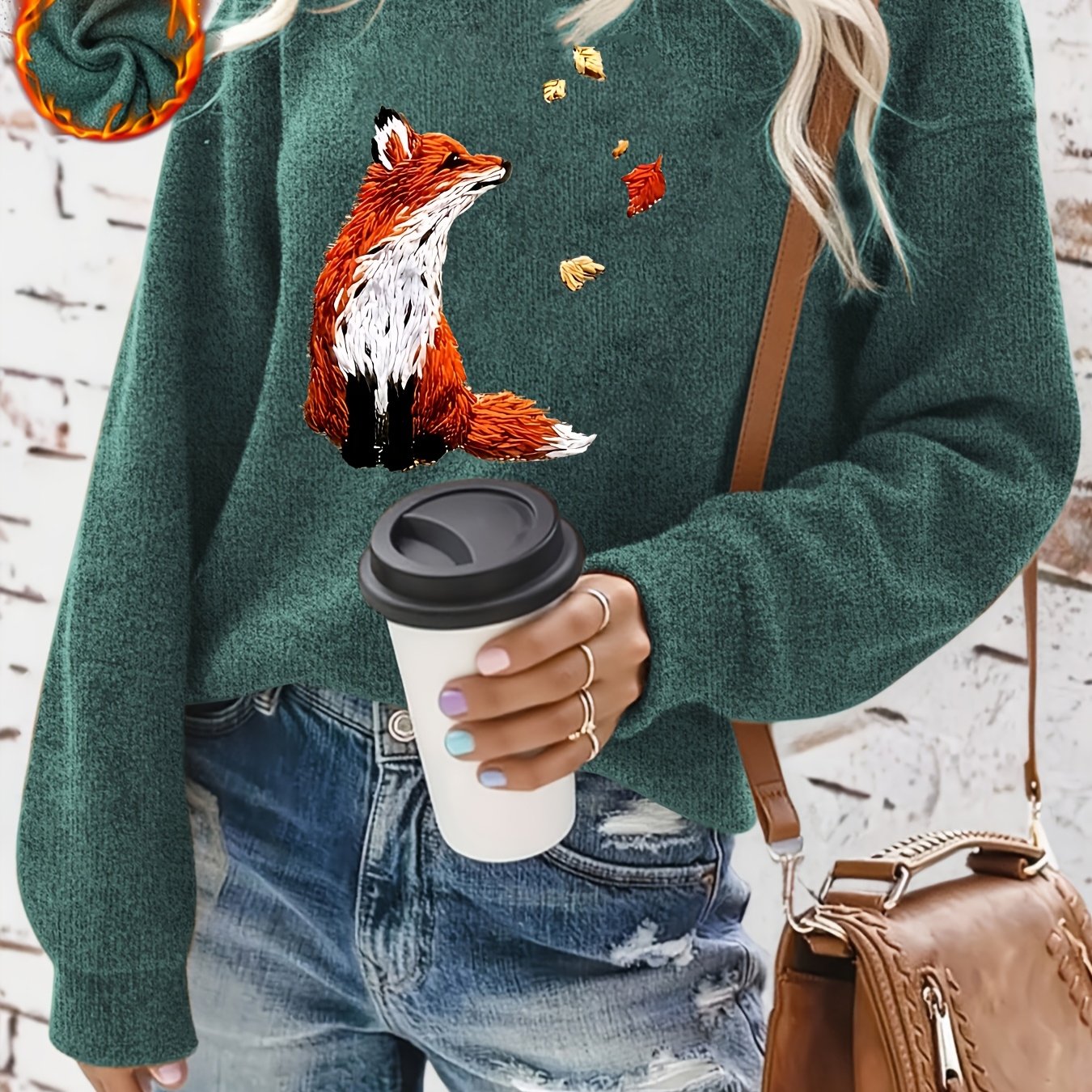 TEMU Women's Warm Sweater - Autumn Leaf Print, Soft Round Neck Long Sleeve Sweater, Casual And Wear, Machine Washable, , Travel ' Small Gathering