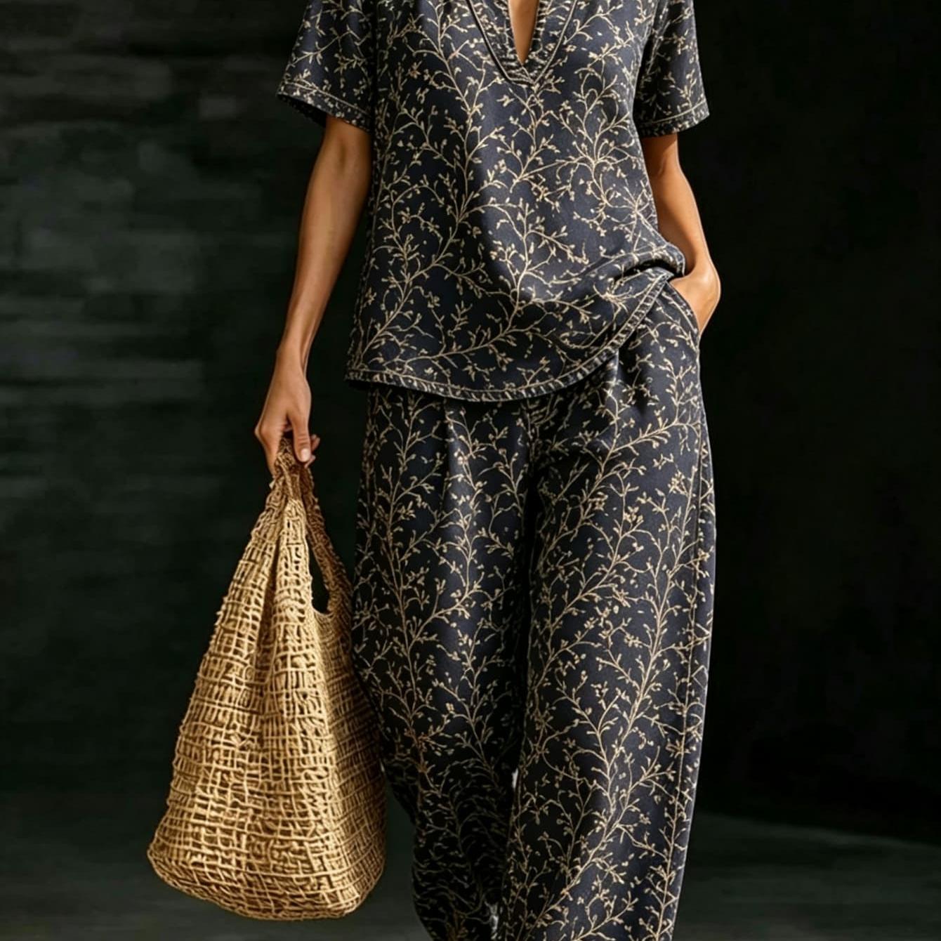 TEMU Women Plus Size Dark Twig Print 2pcs Set, Navy Thin Branch Floral V Neck Blouse & Full Print Wide Leg Pants, Simple Minimalist Boho Curvy Co Ord
