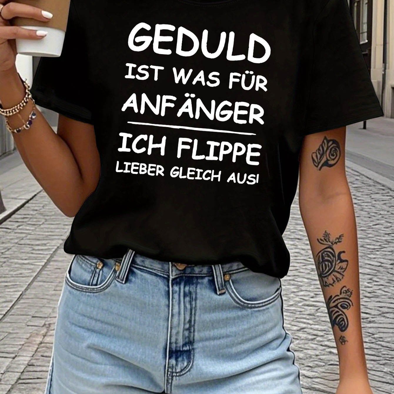 Image of German Is For Beginners Sarcastic Quote Letter Print T-shirt | Women's Spring-summer Short-sleeve Crew-neck Casual T-shirt, Daily Leisure, Holiday Gift