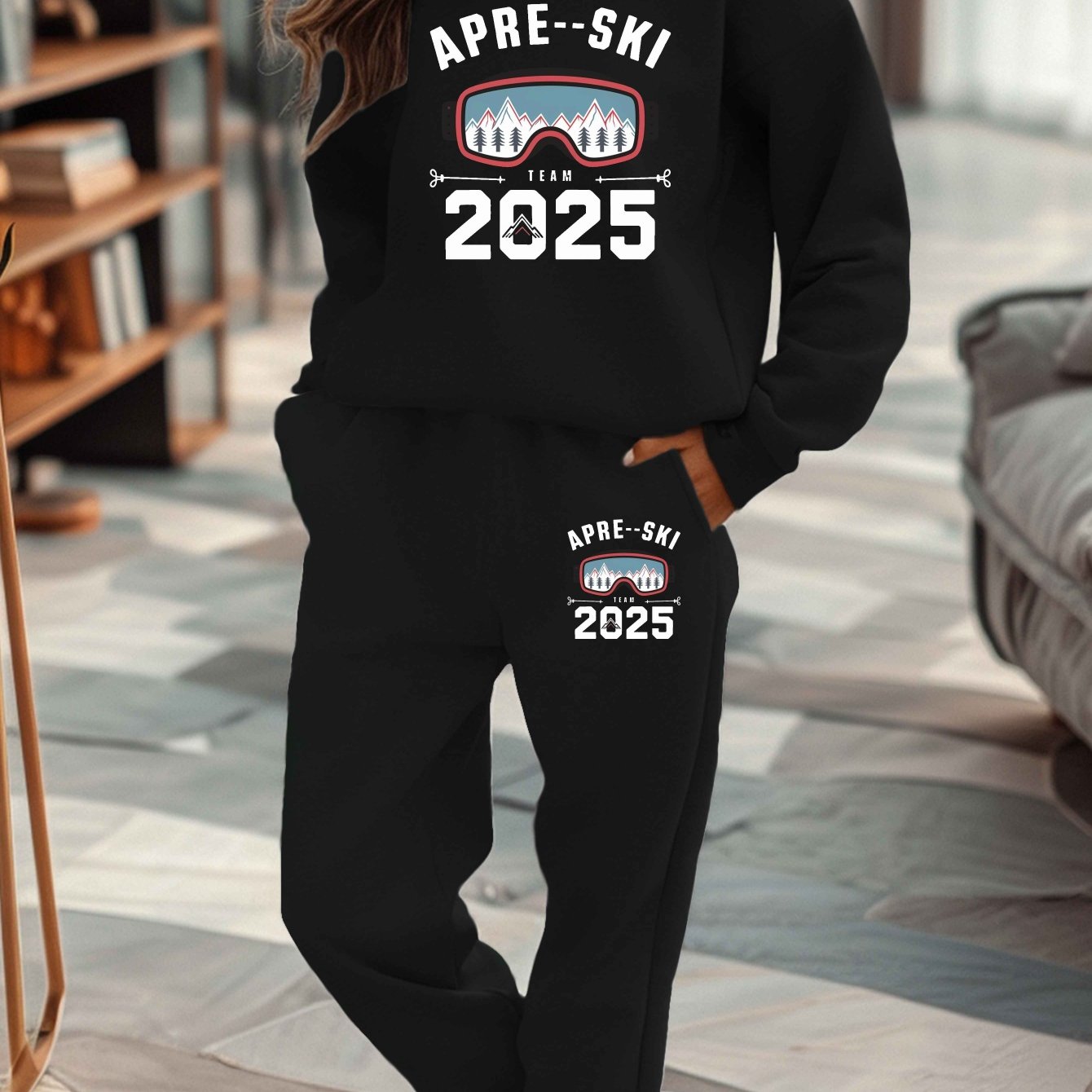 TEMU Damen Après-Ski APR S Ski Sweatshirt und Jogginghose Set, lässiger Rundhalsausschnitt, Strick aus % Polyester, geometrisches Muster,