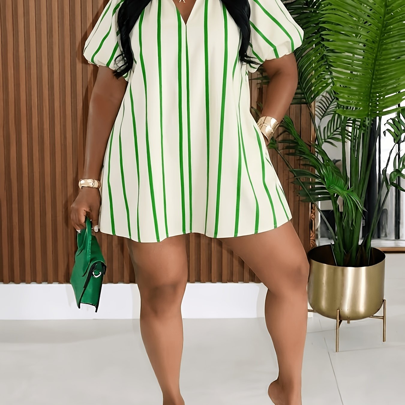 TEMU Women's Summer Casual Striped Pocket Puff Sleeve V-neck Loose Dress
