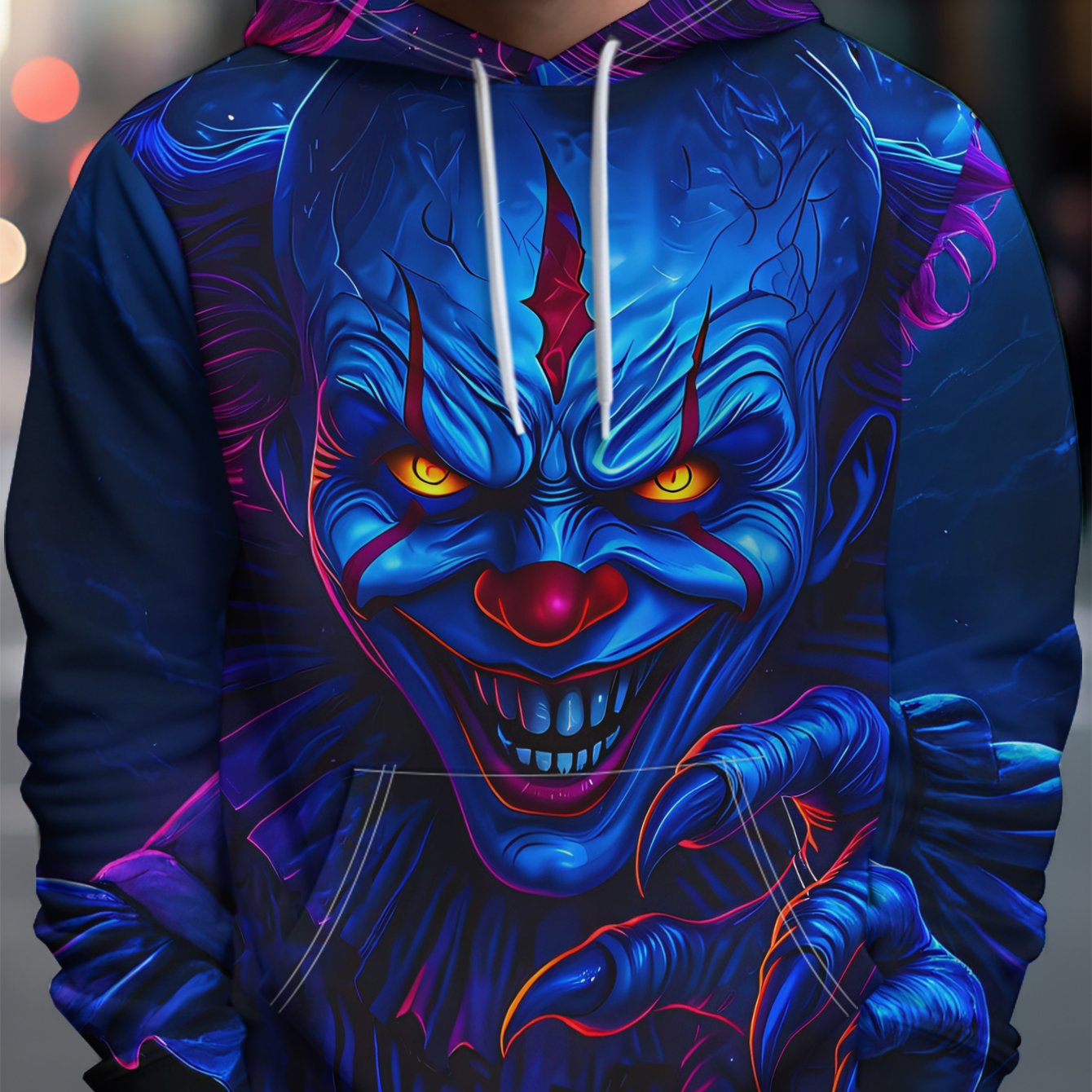 TEMU Men's Hooded Sweatshirt With Horror Clown Print: , Red Hair, Fangs, Yellow Eyes, Claws, And A Smile