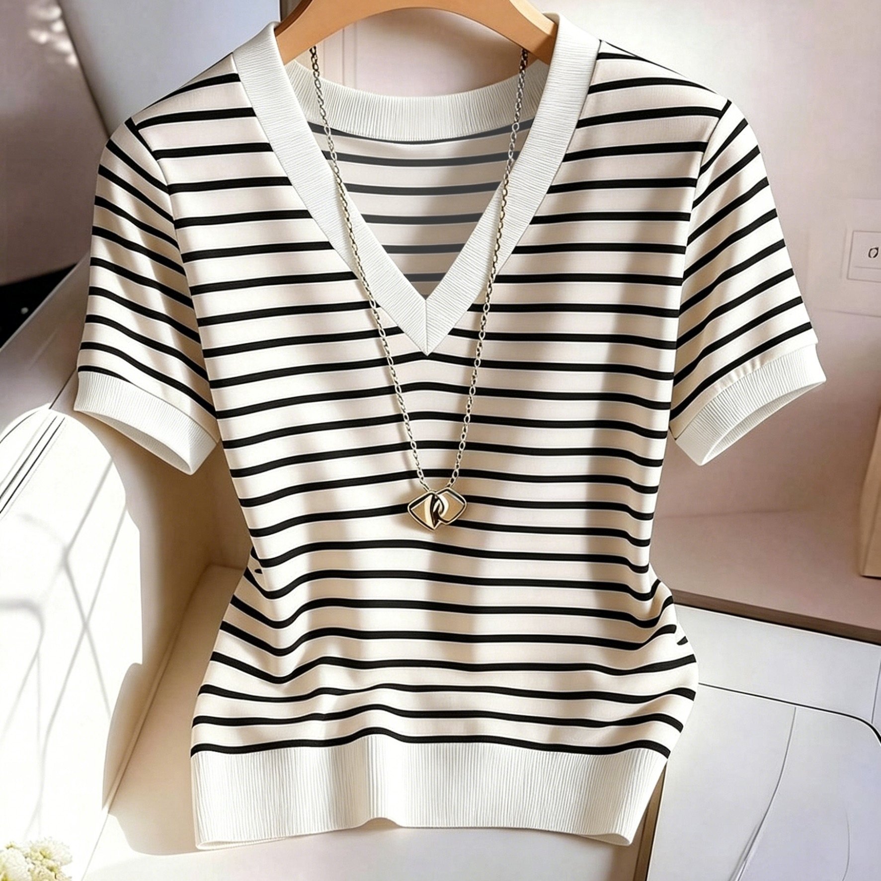 TEMU Retro Casual Color Block Striped Print Round Neck Slim 's T-shirt
