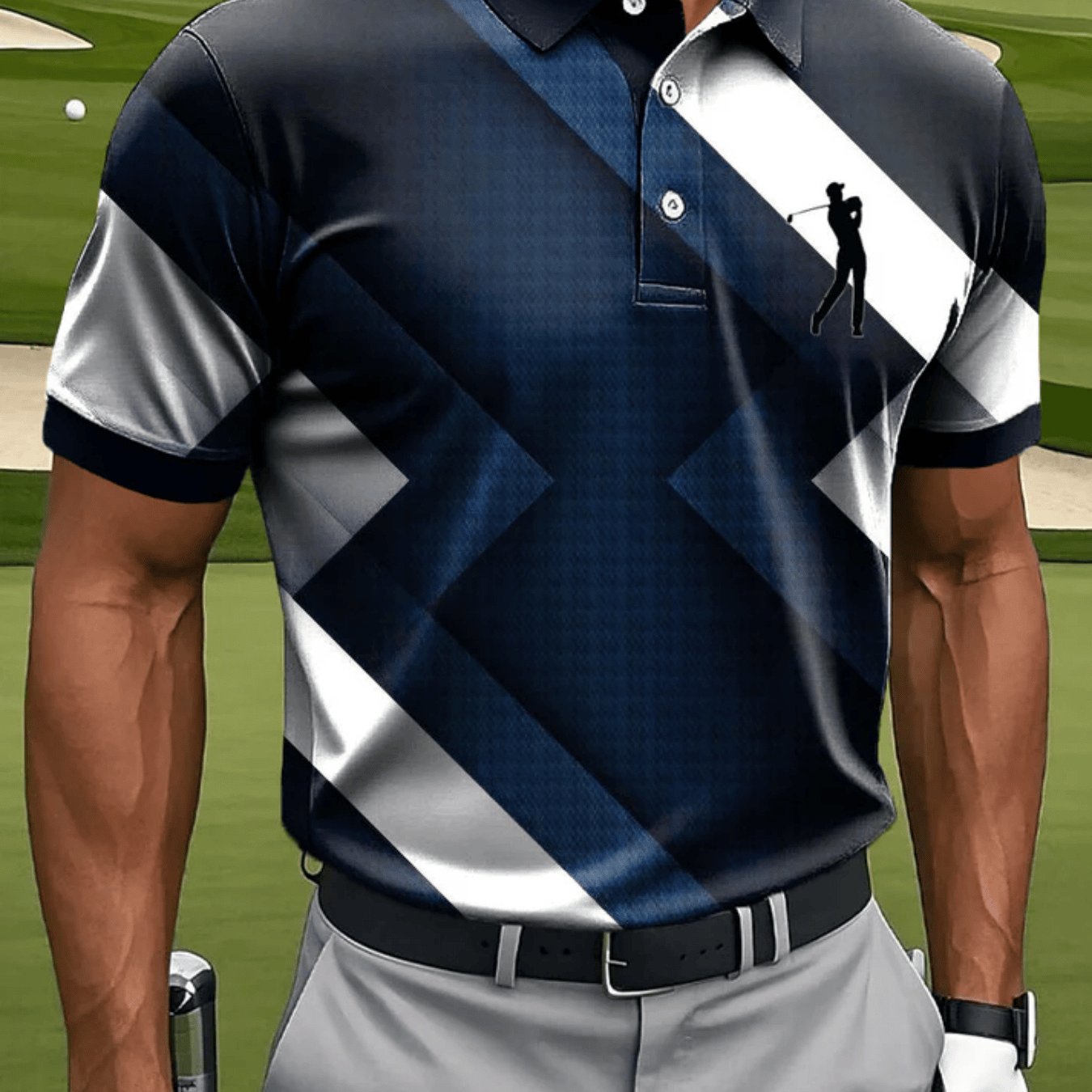 TEMU Printed Design – Not Textured Men's Casual Sport Short Sleeve, Geometric And Golf Pattern Print, Polyester Fabric, Machine Washable, Breathable