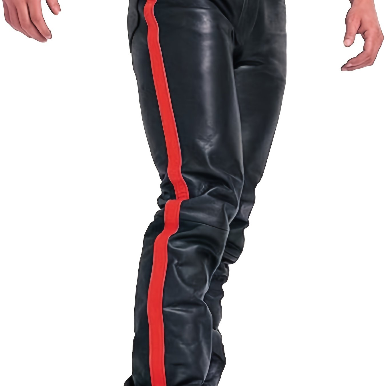Image of Men's Slim-fit Five-pocket Stretch Pu Motorcycle Pants With Side Red Stripes For Concerts, Parties, And Nightclubs