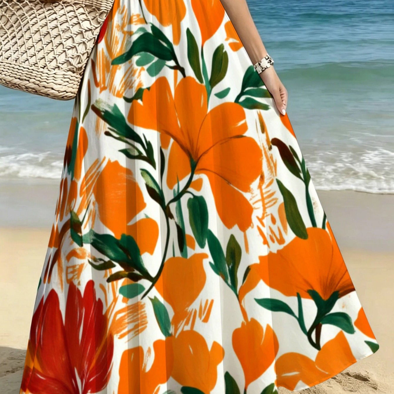 TEMU Lianyaoshi[printed Designnot Textured] Womens Floral Maxi Skirt, Orange White Print, Lightweight For Beach, Vacation, Or Casual Outdoor Wear,