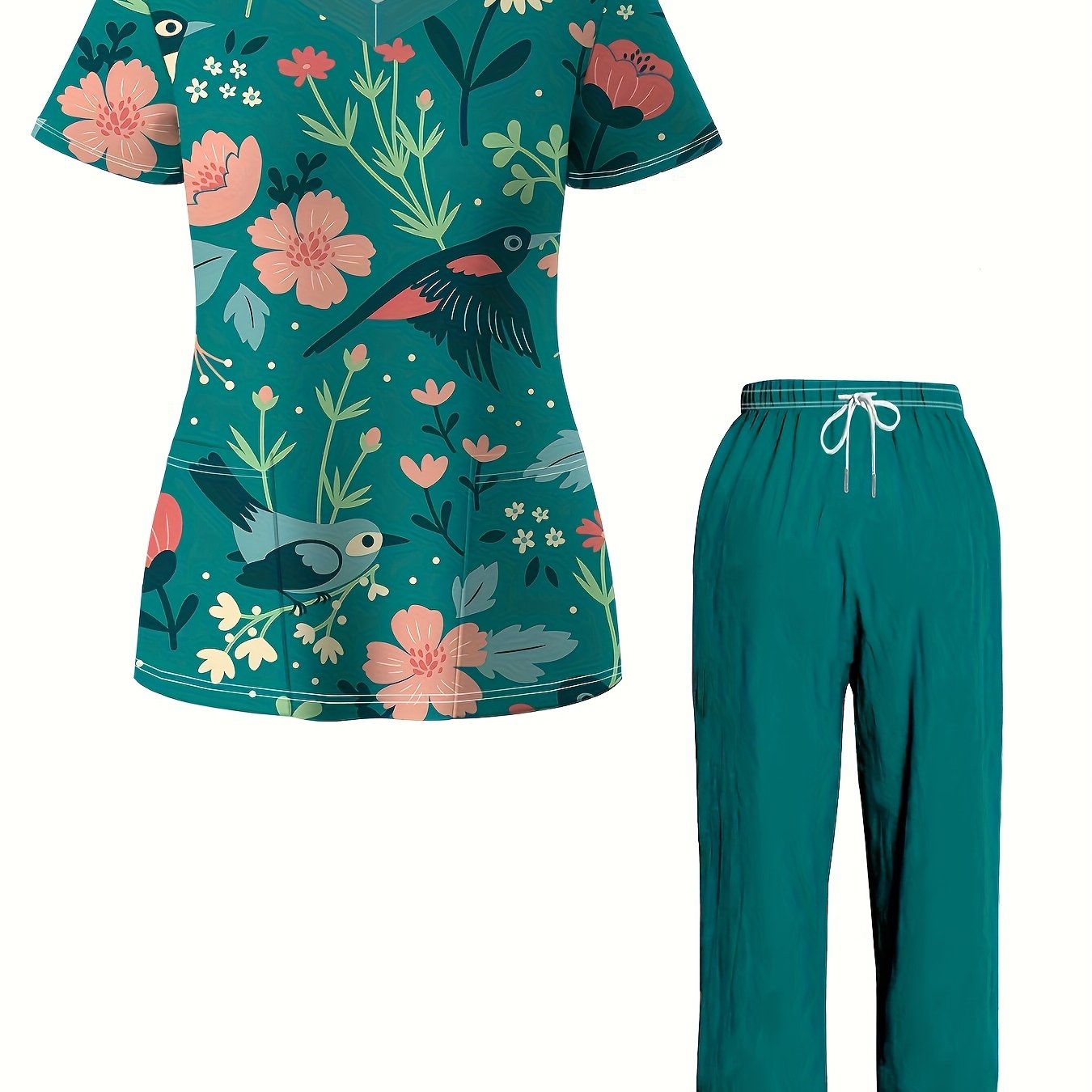 TEMU Plus Size, 2pcs Plus Size Women's Floral And Bird Print V-neck Short Sleeve Pocketed Care Uniform Top And Pants, Healthcare Workwear Set