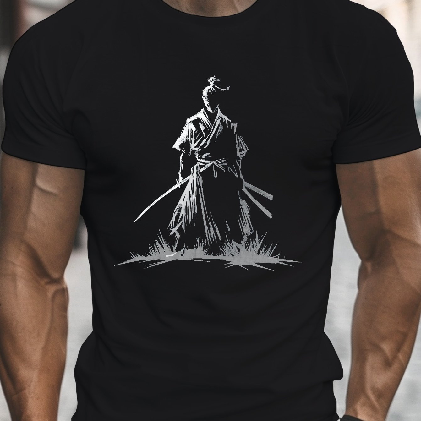 TEMU Silhouette Of Warrior Print, Men's Round Crew Neck Short Sleeve Tee, Casual T-shirt Casual Comfy Lightweight Top For Summer
