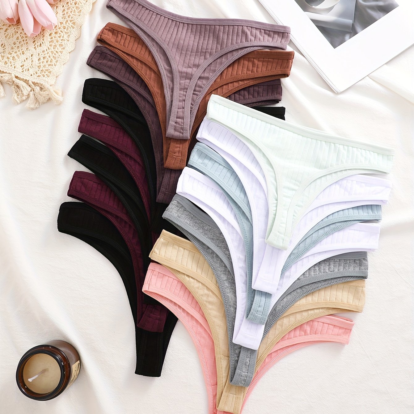 Image of 15pcs Set Of Comfortable And Sexy Women's Thong Underwear Made Of Ribbed For Autumn And Winter