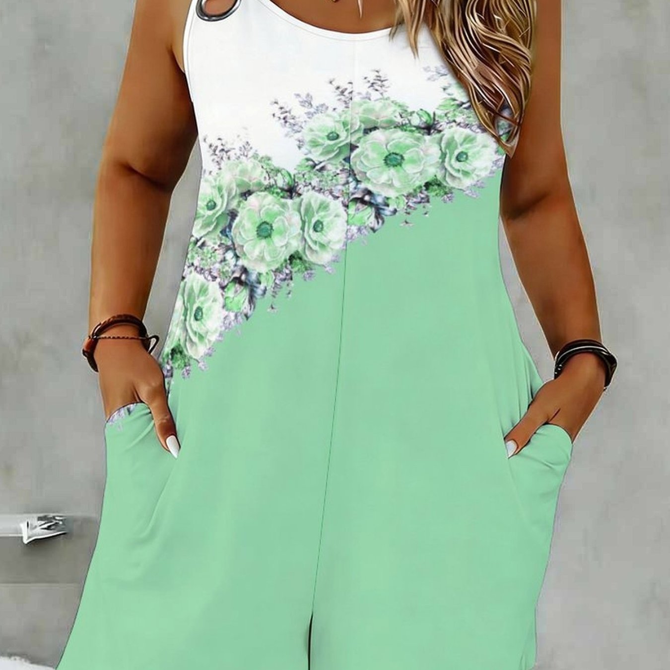 Plus Size, Plus Size Women's Summer Sleeveless Floral Printed Jumpsuit, Camisole Straps With Ring Buckles And , Machine Washable. Elegant Casual Summer Outer Piece, Suitable For Or .