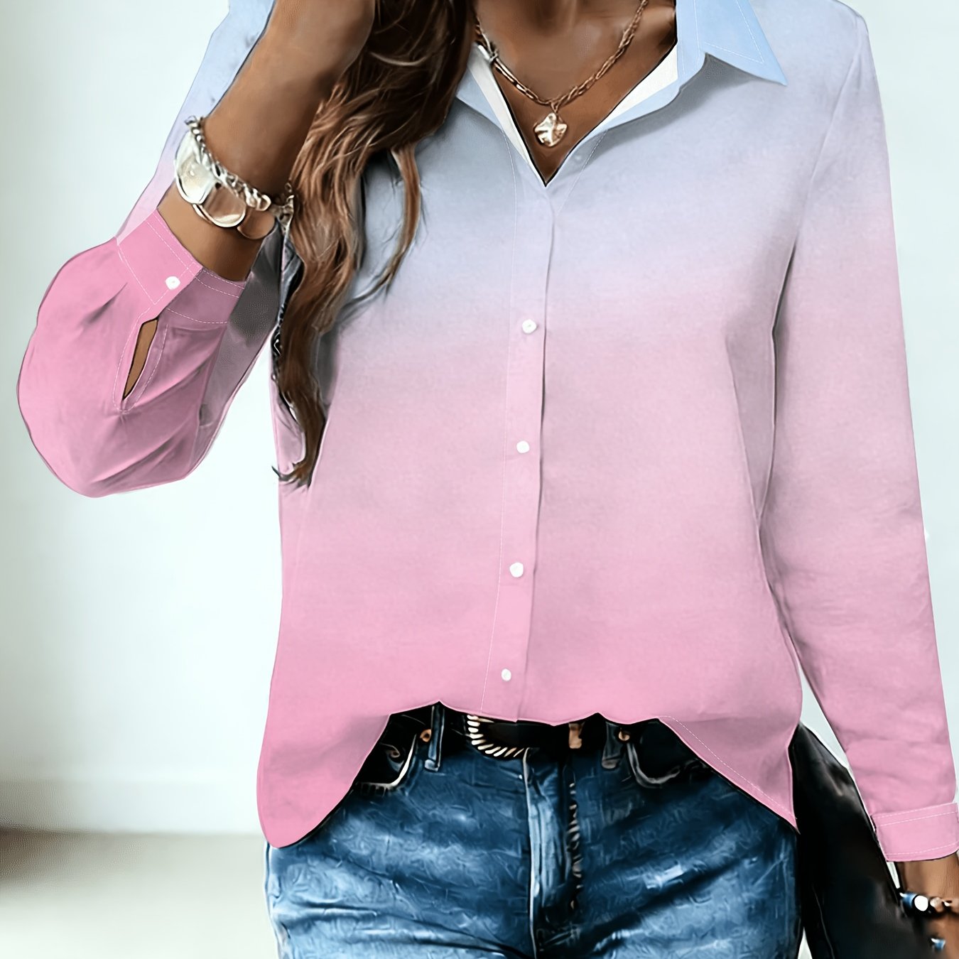 TEMU Women's Autumn/winter Long-sleeve Shirt, Soft Pink-to-blue Gradient, Delicate And Romantic, Natural And Fresh, Suitable For Workplace Wear,