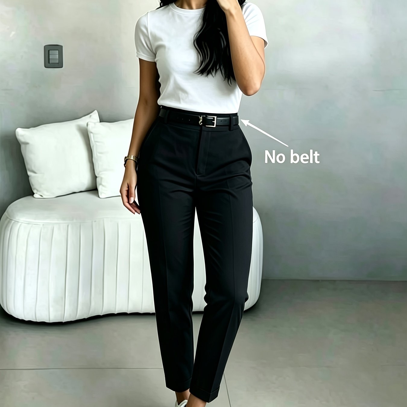 TEMU Commuter Versatile Stretch Women's Long Pants Slanted Pockets Single Button No Belt Solid Color Skinny Trousers