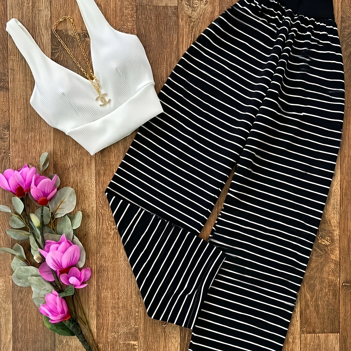 TEMU Wide Strap Short Crop Vest And Black White Striped Long Pants Two-piece Set
