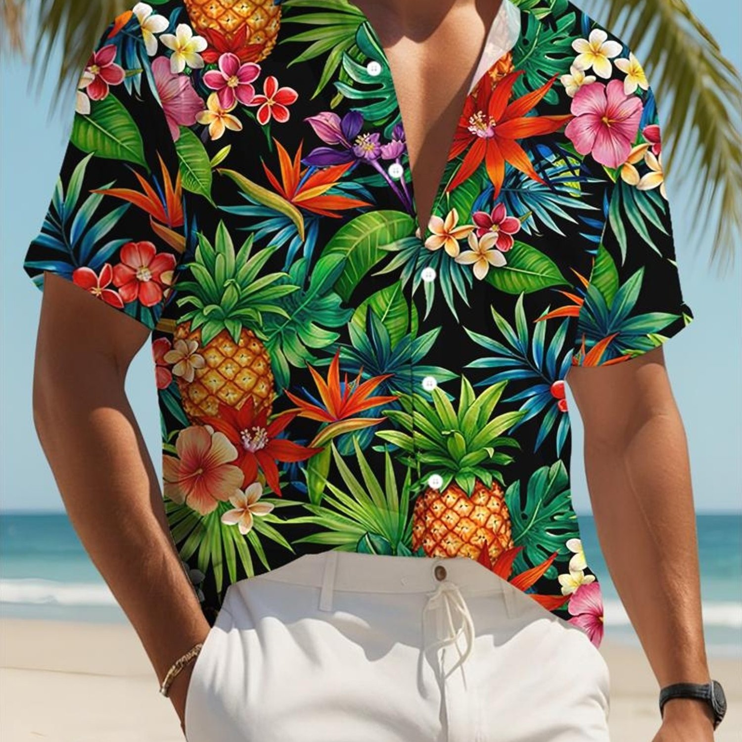 TEMU Men's Casual Hawaiian Shirt, Tropical Print (pineapples, Flowers, Leaves), Short-sleeved, Polyester Material, Multiple Specifications , Beach