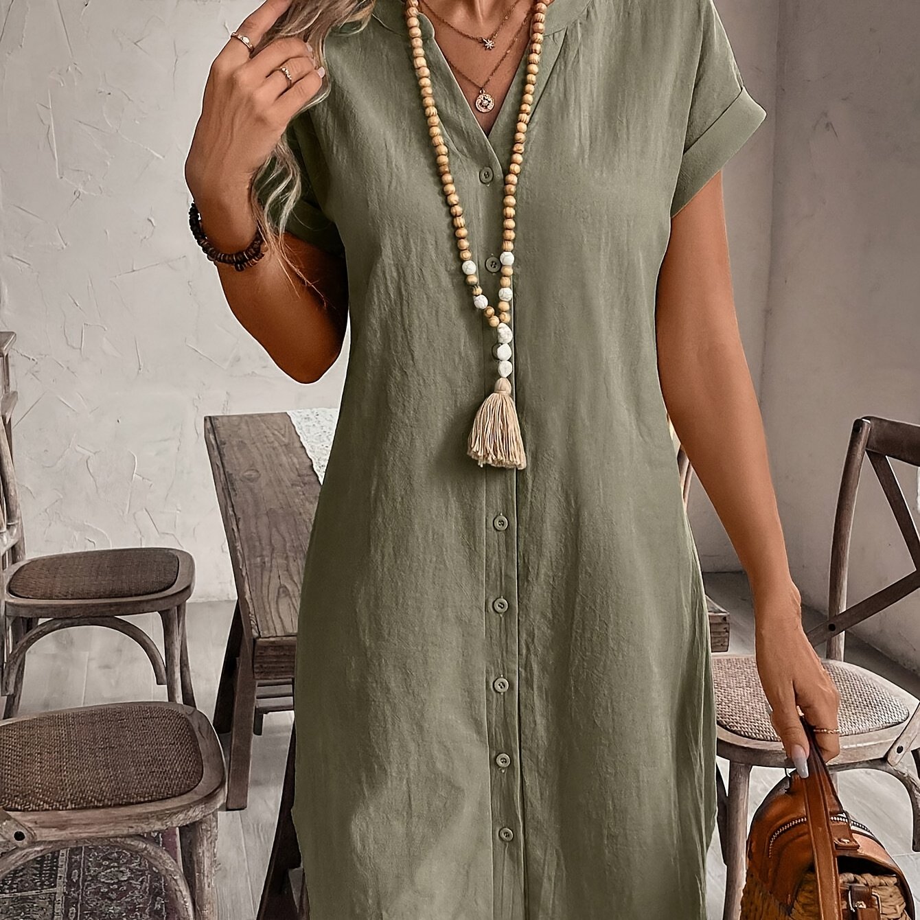 Image of Women' Color Button Front Short Sleeve Casual Mini Dress