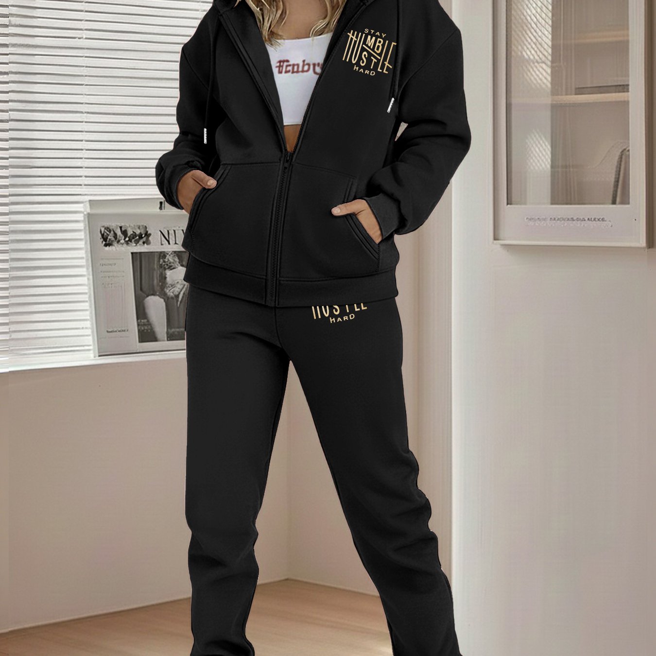 TEMU Graphic Print Two-piece Set, Hoodie And Pants, Women's Clothing