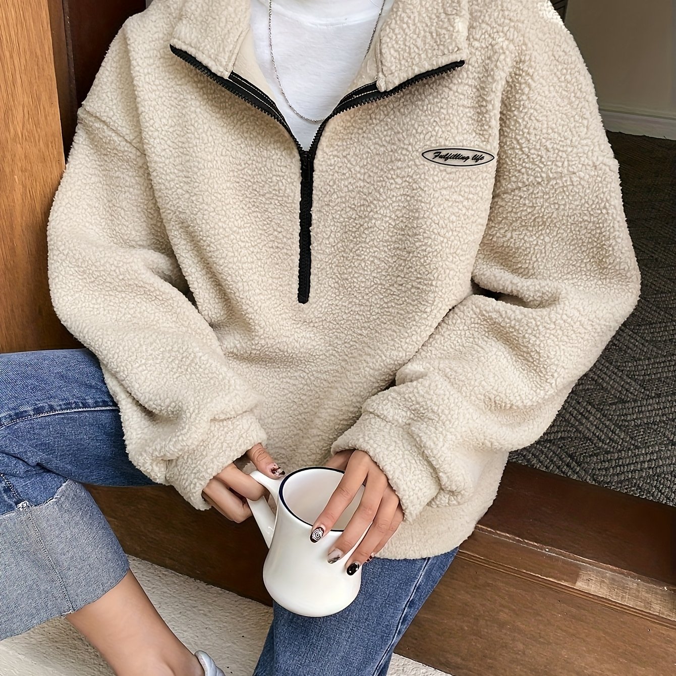 Appliqué Detail Drop Shoulder Half-zip Sweatshirt, For Women's Autumn And Winter