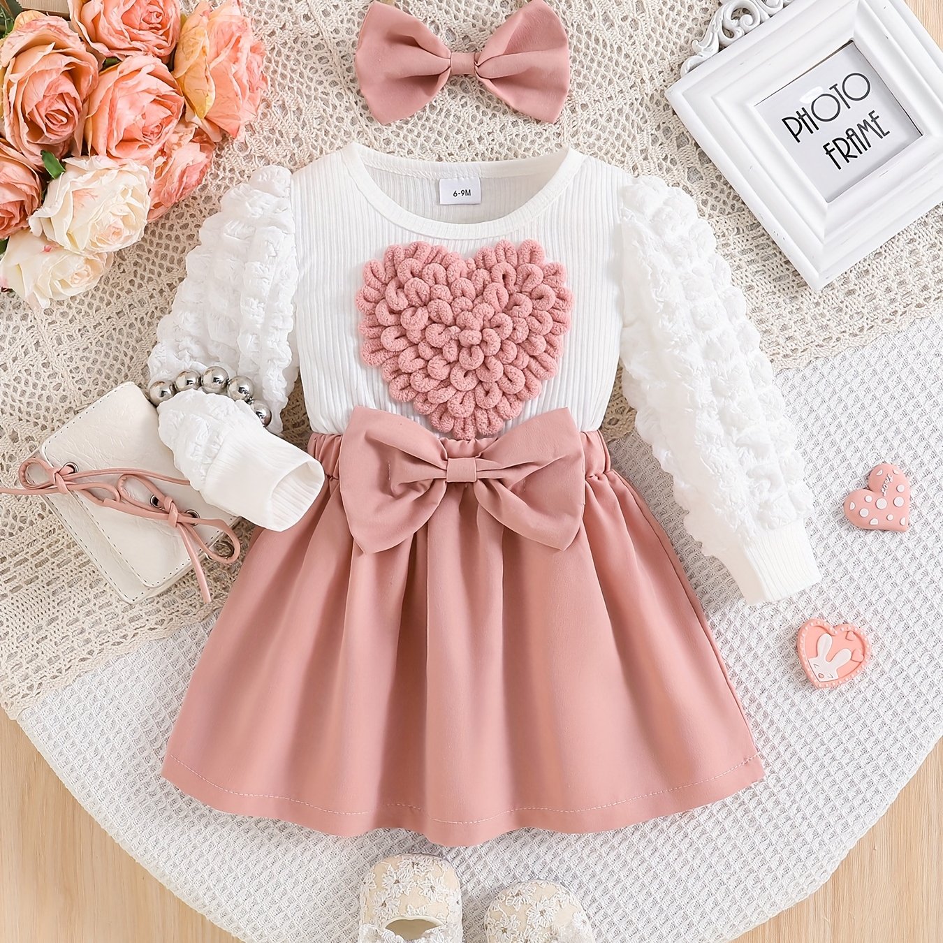 Long-sleeve Dress With Large 3d Heart And Floral Print + Bow Headband